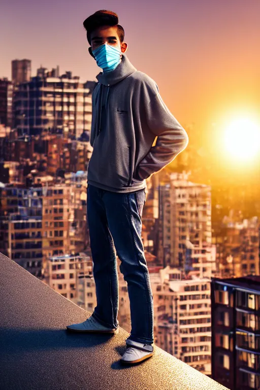 Image similar to un ultra high definition studio quality high fashion photographic portrait of a young man standing on the rooftop of an apartment building wearing all eclectic soft clothes and a reflective face shield. three point light. extremely detailed. golden hour, golden ratio, ray tracing, volumetric light, shallow depth of field. set dressed.