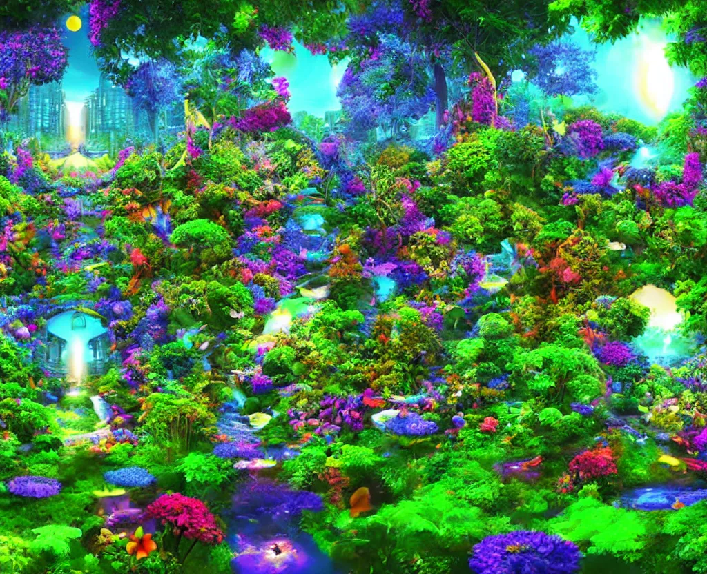 Prompt: techno - spiritual utopian garden, perfect future, award winning digital art