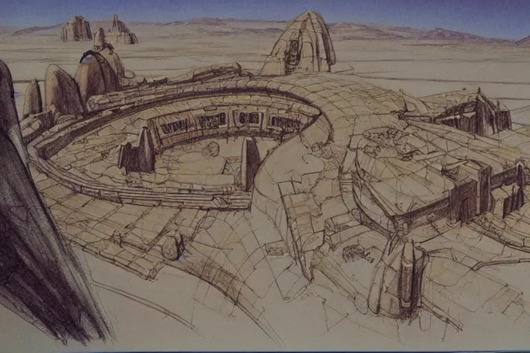 Image similar to desert palace concept sketch by joe johnston and nilo rodis - jamero and ralph mcquarrie and norman reynolds