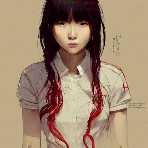 Image similar to full body portrait of a korean schoolgirl with long hair and bangs, her arms are thin red tentacles, dramatic lighting, illustration by Greg rutkowski, yoji shinkawa, 4k, digital art, concept art, trending on artstation