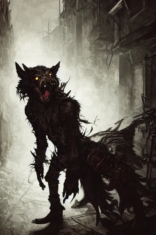 Image similar to a werewolf crouching in an alley, gothic, torn leather coat, intricate, elegant, dramatic lighting, ugly face, highly detailed, lifelike, photorealistic, digital painting, artstation, illustration, concept art, smooth, sharp focus, art by John Collier and Albert Aublet and Krenz Cushart and Artem Demura and Alphonse Mucha