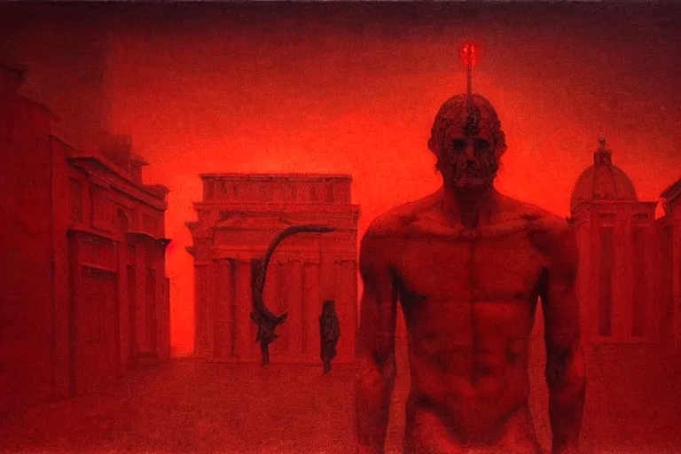 Image similar to only with red, caesar after war, a red tiger, in hoc signo vinces, rome in background, an ancient path, in the style of beksinski, part by hopper, part by rodcenko, part by hofbauer, intricate composition, red by caravaggio, insanely quality, highly detailed, masterpiece, red light, artstation