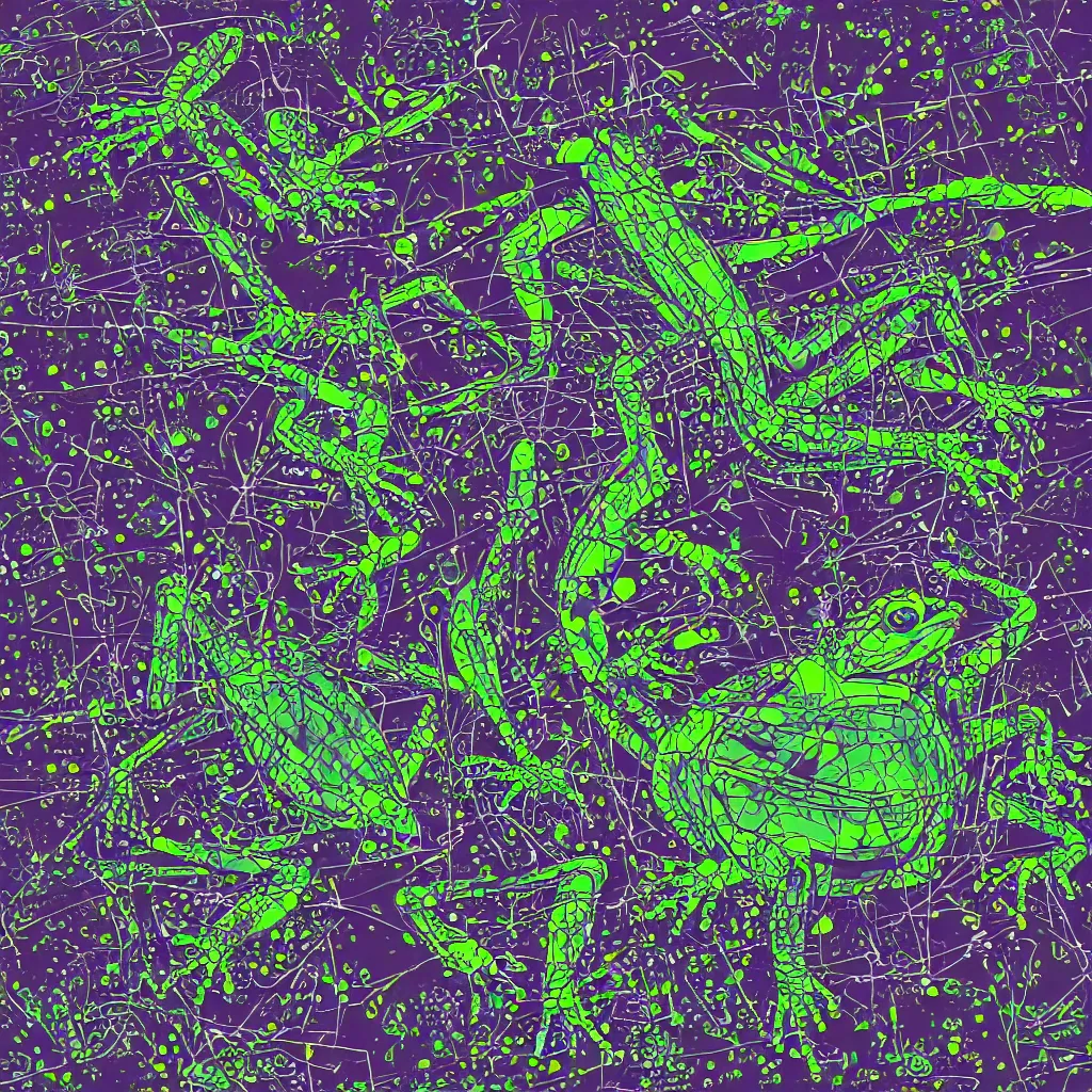 Image similar to toads, big toad, mechanical, technical, abstract, acrylic, oil, circuit board, computers, vektroid album cover, vectors, drips, dimensions, breakcore, leaks, glitches, frogs, amphibians, geometry, data, datamosh, motherboard, code, y 2 k, painting, dark, old web, cyber