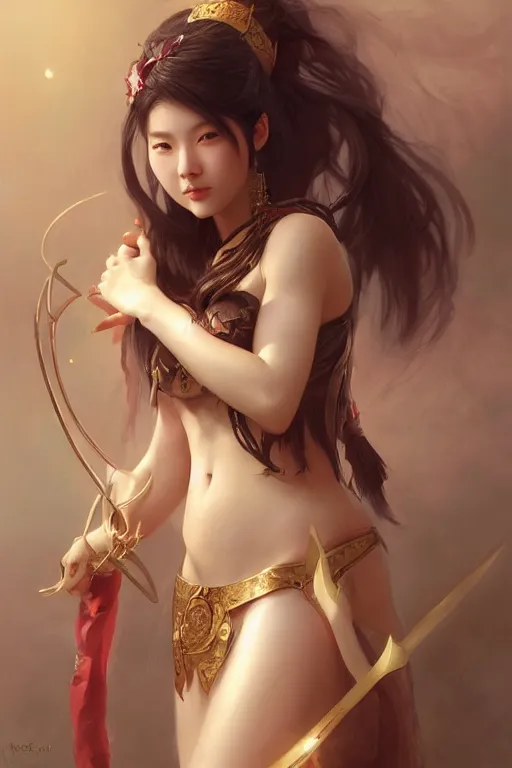 Image similar to A portrait of a female korean model as Ishtar the goddess of love, Stjepan Sejic, Ruan Jia, and Mandy Jurgens, and Artgerm, and william adolphe bouguereau, highly detailed, trending on artstation, award winning