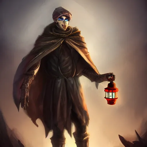 Prompt: a digital painting of post - apocalyptic moth character wearing a cloak and holding a lantern, dark, character art, epic dramatic fantasy digital art, trending on artstation