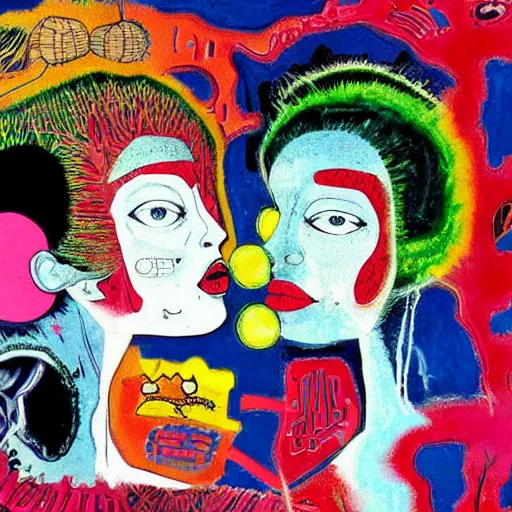 Prompt: beautiful painting of two bizarre psychedelic women kissing each other closeup on an alien planet, speculative evolution, mixed media collage by basquiat and junji ito, magazine collage art, paper collage art, sapphic art, lesbian art