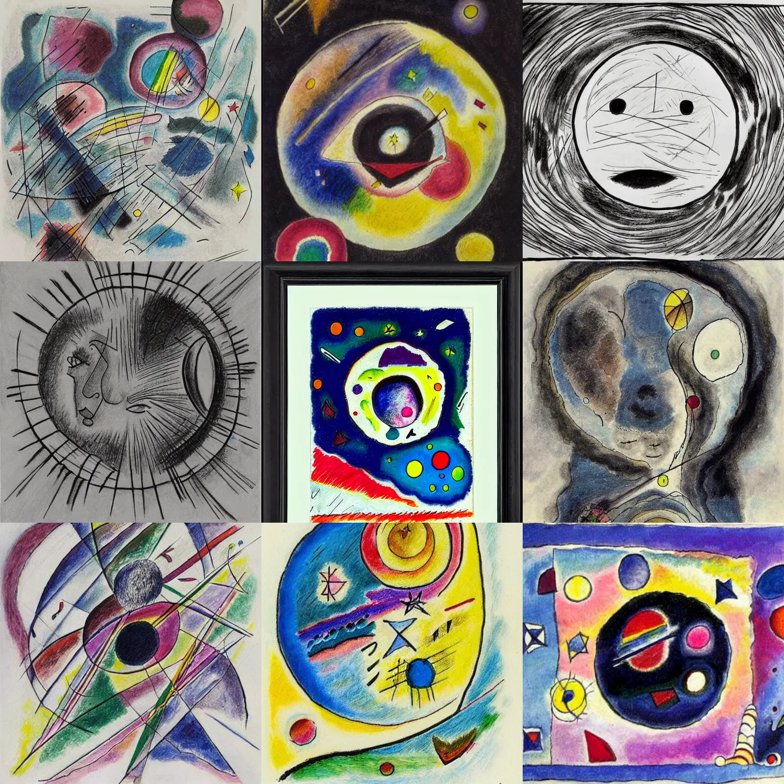 Prompt: A face, a star, a planet, the sea, love + Ink drawing + Abstract art + Pencil Sketch + by Wassily Kandinsky