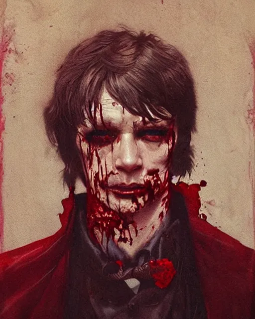 Image similar to a handsome but sinister and creepy man in layers of fear, with haunted eyes, violence in his eyes, 1 9 7 0 s, seventies, delicate embellishments, a little blood, crimson, painterly, offset printing technique, by alexandre cabanel