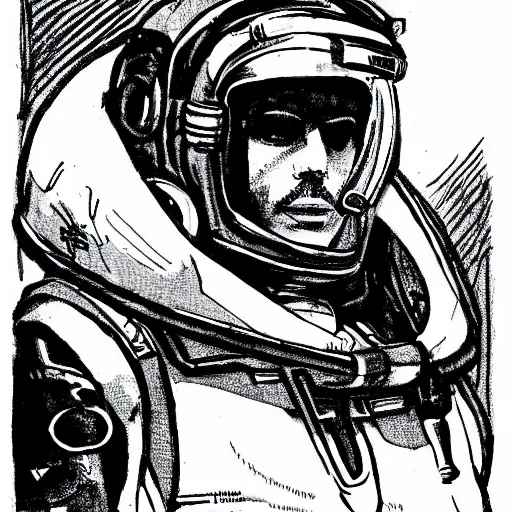 Prompt: a sci-fi pilot ink drawing, in the style of Roman sustov.