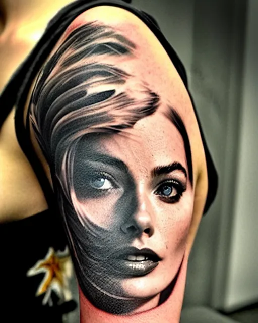 Image similar to creative double exposure effect tattoo design sketch of margot robbie face blended in beautiful mountain scenery, realism tattoo, in the style of matteo pasqualin, amazing detail, sharp