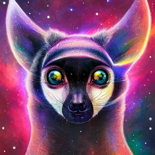 Image similar to Geometric symmetrical lemur with galaxy eyes in space, nebula in the background, intricate, elegant, highly detailed, digital painting, artstation, concept art, smooth, sharp focus, illustration, art by artgerm