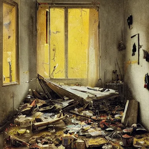 Image similar to by hendrick avercamp, by sabbas apterus warm yellow extemporaneous. a street art of a room that is wrecked, furniture overturned, belongings strewn about, & debris everywhere. the only thing left intact is a photograph on the wall shows a tidy, well - appointed space, with everything in its place.