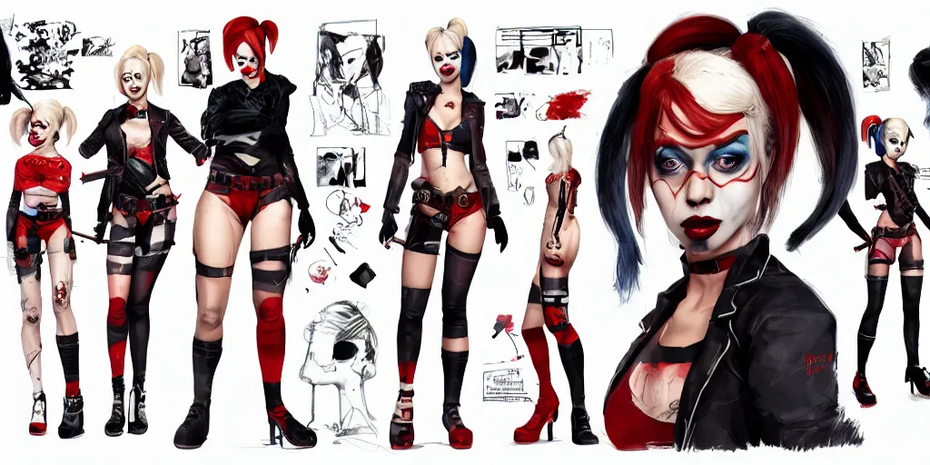 Image similar to harley quinn, character sheet, concept design, contrast, kim jung gi, greg rutkowski, zabrocki, karlkka, jayison devadas, trending on artstation, 8 k, ultra wide angle, pincushion lens effect