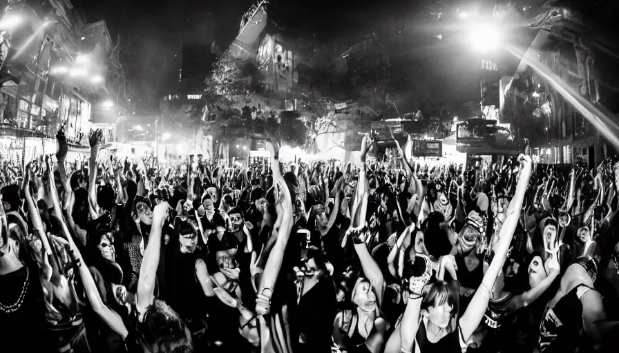 Image similar to a rave, dance dance party at old inner city sydney city, australia. black and white photography. dark energy 8 k