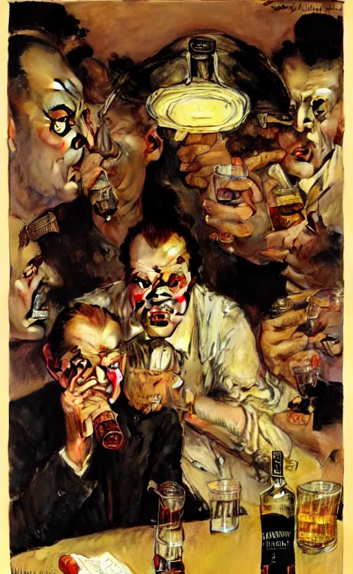 Prompt: illustration of a bottle of whiskey with jack nicholson inside, by norman rockwell, roberto ferri, daniel gerhartz, edd cartier, jack kirby, howard brown, ruan jia, tom lovell, jacob collins, dean cornwell