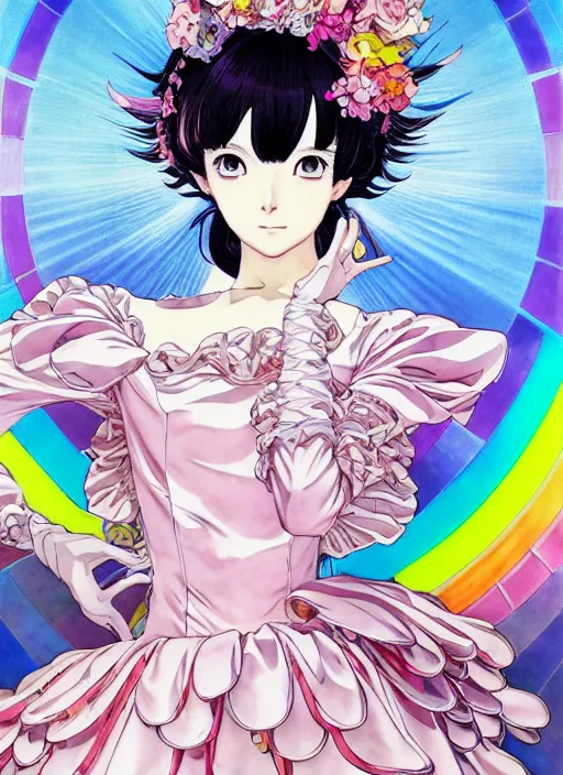 Image similar to manga poster of persona, rococo ruffles dress, pastel rainbow, pearlescent, shimmering, reflective, rim light, detailed background, by shigenori soejima. takeshi obata, minaba hideo, shigenori soejima, alphonse mucha, illustration,, artstation, pivix, concept art, highly detailed, colorful, maximalist