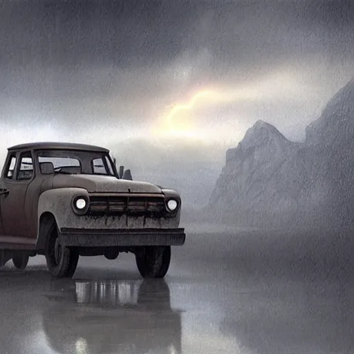 Image similar to a beautiful detailed realistic matte painting of a pick - up truck in a serene landscape with an eerie dark magic lightning portal to another dimension, by john howe and alexander skold and andreas rocha. vray, raytracing, detailed lighting, volumetric lighting, cinematic lighting, very wide shot, f 8