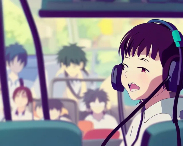 Image similar to anime fine details portrait of joyful girl in headphones in school bus, bokeh. anime masterpiece by Studio Ghibli. 8k render, sharp high quality anime illustration in style of Ghibli, artstation