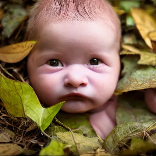 Prompt: award winning hyper realistic photograph of a baby sasquatch portrait hiding in the leaves peering out timidly with with large cute eyes