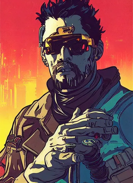 Image similar to hector. cyberpunk mercenary with scenic background. portrait illustration, pop art, splash painting, art by ashley wood, alphonse mucha, laurie greasley and josan gonzales. cinematic. beautiful lighting.