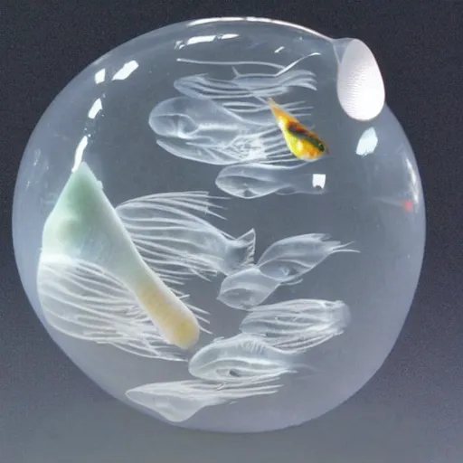 Prompt: transparent marble with a fish swimming inside of it