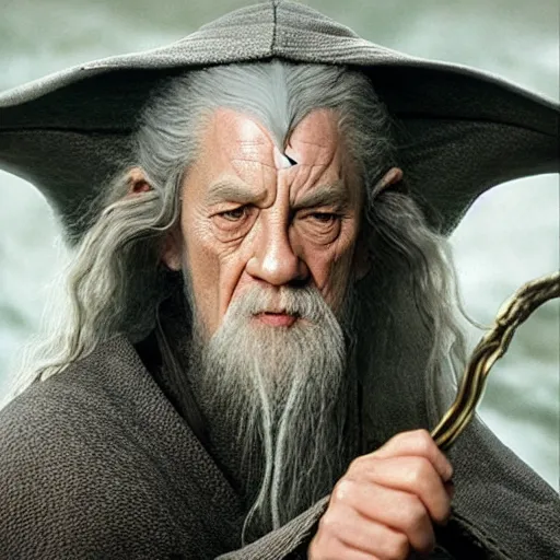 Image similar to a still from “ lord of the rings ” of a head and shoulders portrait of fei lung dressed like gandalf, photo by phil noto