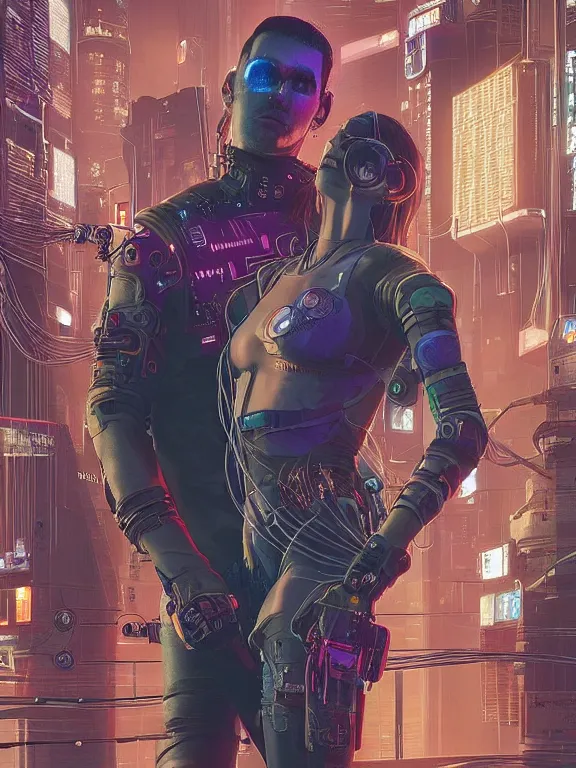 Image similar to a cyberpunk 2077 illustration half body portrait of two veiled female android queen pray with complex mess of cables and wires behind them connected to giant computer, film lighting, by laurie greasley,Lawrence Alma-Tadema,William Morris,Dan Mumford, trending on atrstation, full of color, mythological, high detailed,golden ratio,cinematic lighting