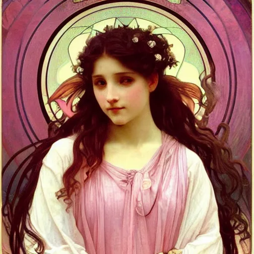 Prompt: painting of a beautifully angel with long flowing pink hair, intricate, elegant, hyperdetailed, by alphonse mucha and william - adolphe bouguereau and john william waterhouse, trending on artstation