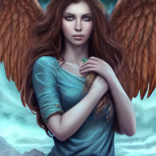 Prompt: A portrait of an attractive young female earth angel, beautiful long brown hair, rock elements, intricate, highly detailed, elegant, digital painting, trending on artstation