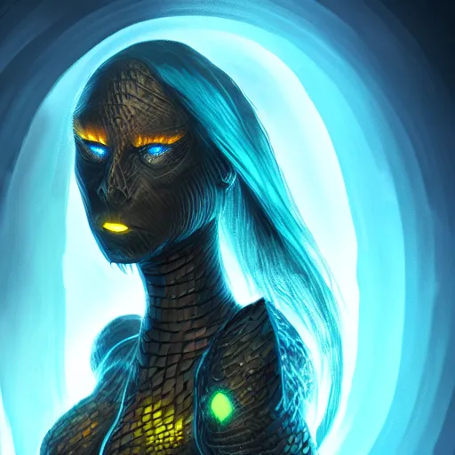 Image similar to dark art, Hot reptile humanoid woman, wearing armor, long blue hair, glowing yellow eyes, burning world, futuristic, digital art, artstation, concept art, 4k, 8k