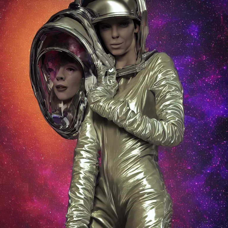 Image similar to octane render portrait by wayne barlow and carlo crivelli and glenn fabry, subject is a woman covered in tie - dye aluminum foil space suit with a iridescent metallic space helmet, inside a dark gothic rococo palace, cinema 4 d, ray traced lighting, very short depth of field, bokeh