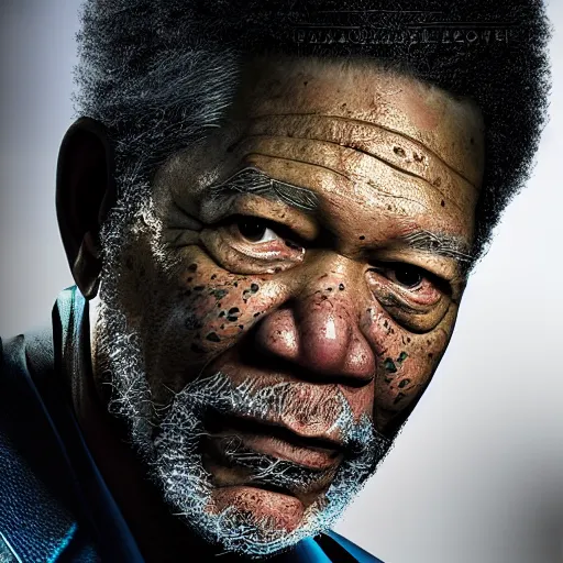 Image similar to a videogame still of Morgan Freeman in Tekken 7, portrait, 40mm lens, shallow depth of field, close up, split lighting, cinematic