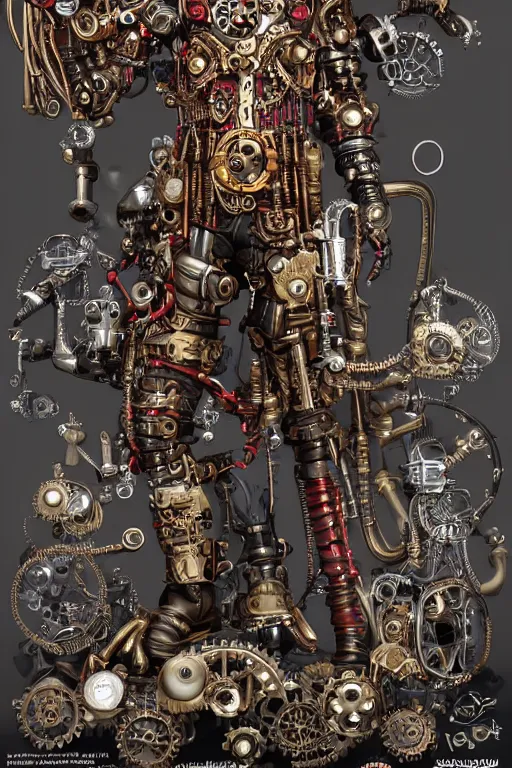 Image similar to full body portrait of a steampunk sci-fi cyborg pirate bionic man, third person, D&D, sci-fi fantasy, cogs and springs and jewels, intricate, gold with black and red fringe highlights, highly detailed, art by Range Murata, highly detailed, 3d, octane render, bright colors, digital painting, trending on artstation, sharp focus, illustration style of Stanley Artgerm, dramatic background in a cinematic style