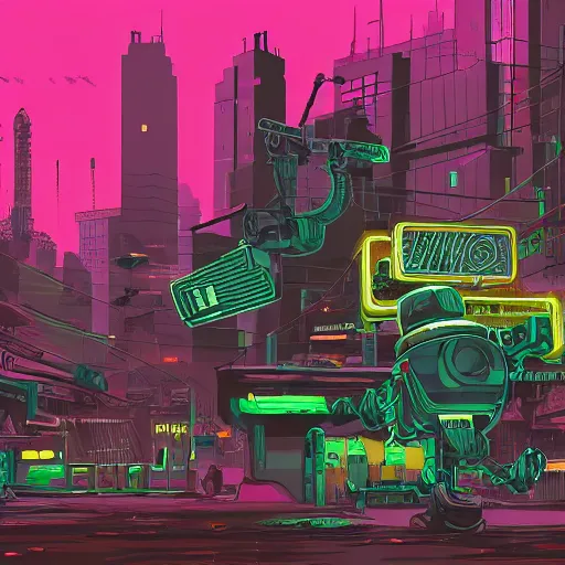 Image similar to robot corgi in a post - apocalyptic cityscape, dystopian, cyberpunk, detailed digital illustration, neon lights