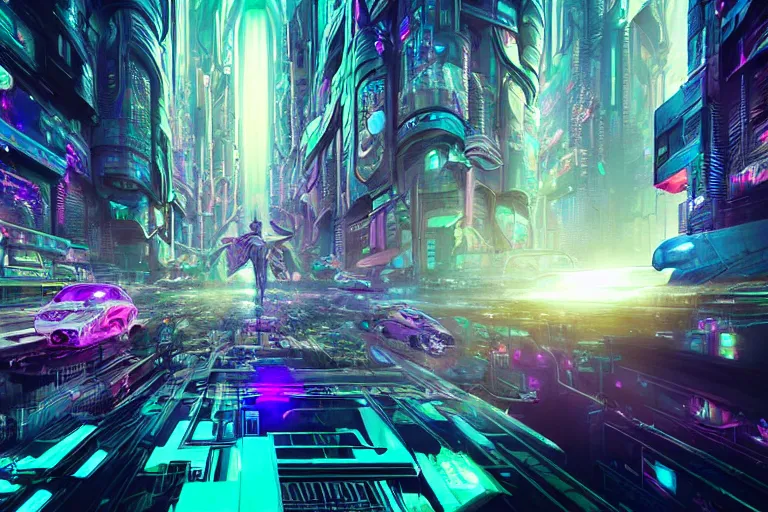 Image similar to a populated psychedelic cyberpunk city with astral beings flying through it at the edge of existence where intensely creative astral beings live, in the style of wlop, illustration, epic, fantasy, hyper detailed, smooth, unreal engine, sharp focus, ray tracing