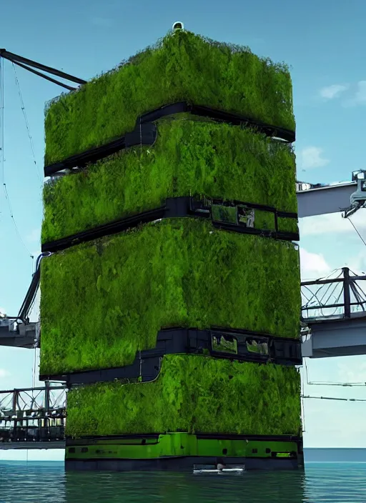 Image similar to a cargo ship that has an algae vertical farm built on it, futuristic, ultra-realistic, Unreal Engine