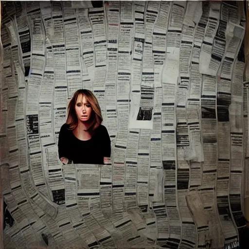 Image similar to “ alex jones trapped inside a room with newspapers taped over the walls, dim lighting, oil portrait ”