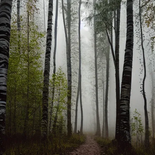 Prompt: dark liminal forest, dirt path, tall birch trees, foggy, highly realistic, 5 mm canon lens, 4 k,