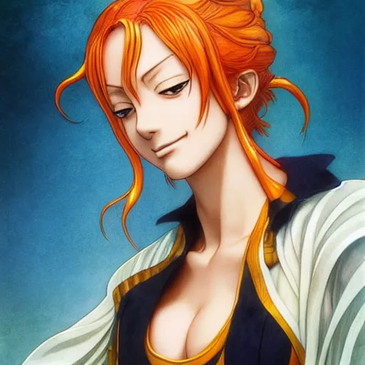 Image similar to intricately detailed vfx portrait of nami from one piece by eiichiro oda!, makoto shinkai, alphonse mucha, art by artgerm and greg rutkowski!, best of behance, concept art, matte, sharp focus, orange hair, adolphe bouguereau, annie leibovitz, stanley kubrick,