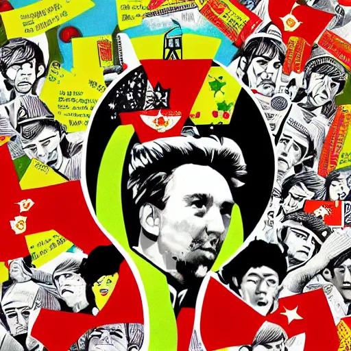 Image similar to a communist revolution in Candy Land, 1960s illustration, high quality, collage in the style of Klaus Voormann and Chinese Propaganda and the Beatles, album cover