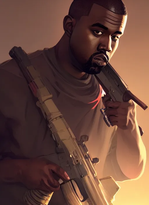 Image similar to highly detailed portrait kanye holding ak 4 7 in gta v stephen bliss unreal engine fantasy art by greg rutkowski loish rhads ferdinand knab makoto shinkai lois van baarle ilya kuvshinov rossdraws tom bagshaw global illumination radiant light detailed intricate environment