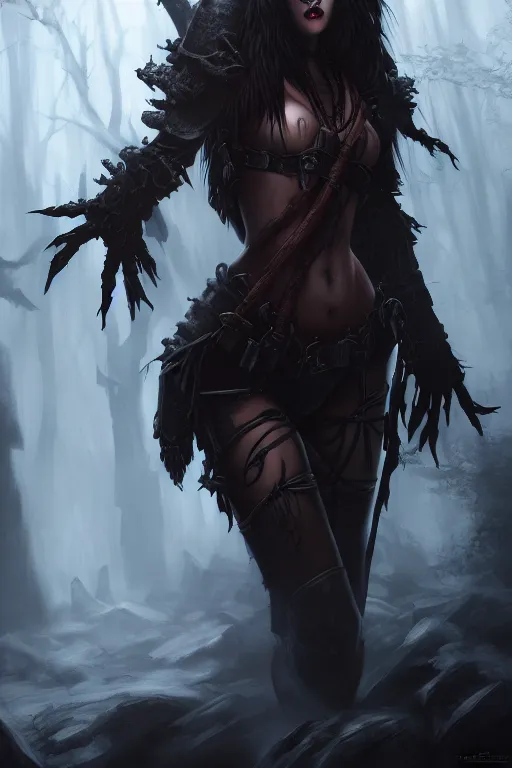 Image similar to dramatic atmospheric dark forest scenery, girl with vampire-fangs in hide leather armor, hyperdetailed, artstation, cgsociety, 8k