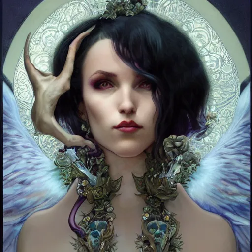 Prompt: Morrigan from Darkstalkers drawn by Donato Giancola and Tom Bagshaw, face by Artgerm, overall design by Alphonse Mucha, background by James Jean and Gustav Klimt, light by Julie Bell, 4k, porcelain skin, komorebi, french nouveau, trending on artstation, octane render, hyperrealistic
