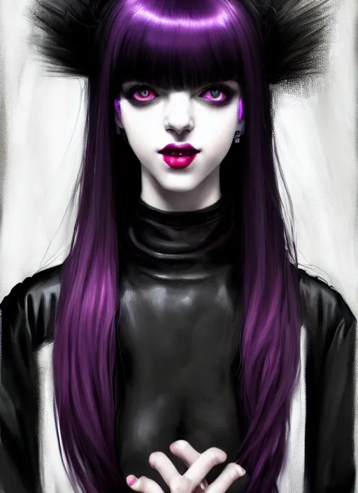 Image similar to portrait of white teenage girl, normal face, black bangs, mall goth, cyberlox, black and white hair, bangs, fluffy bangs, red contacts, purple lipstick, intricate, elegant, highly detailed, digital painting, artstation, concept art, sharp focus, smooth, illustration, art by wlop, mars ravelo and greg rutkowski