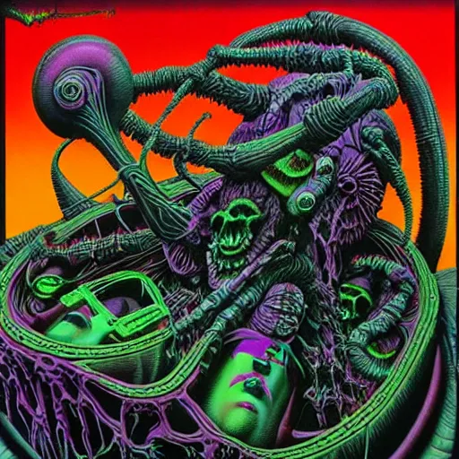 Image similar to thrash metal album cover in the style of wayne barlowe and kenny scharf and philippe druillet, realistic, insanely detailed, intricate, smooth, airbrush, play-doh