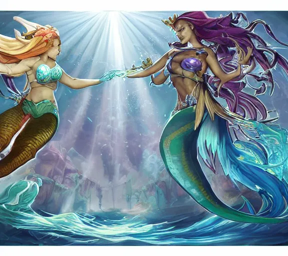 Prompt: two mermaids fistbumping in midair crepuscular rays behind fistbump, whimsical, dungeons and dragons, league of legends splash art, heroes of the storm splash art, hearthstone splash art, world of warcraft splash art, overwatch splash art, art by artgerm, art by alphonse mucha, intricately detailed, highly detailed, trending on artstation,