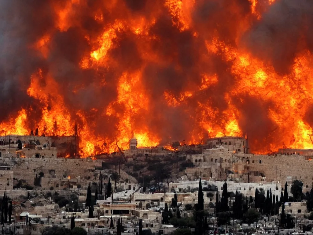 Prompt: jerusalem is on fire, the destruction of the temple, by god