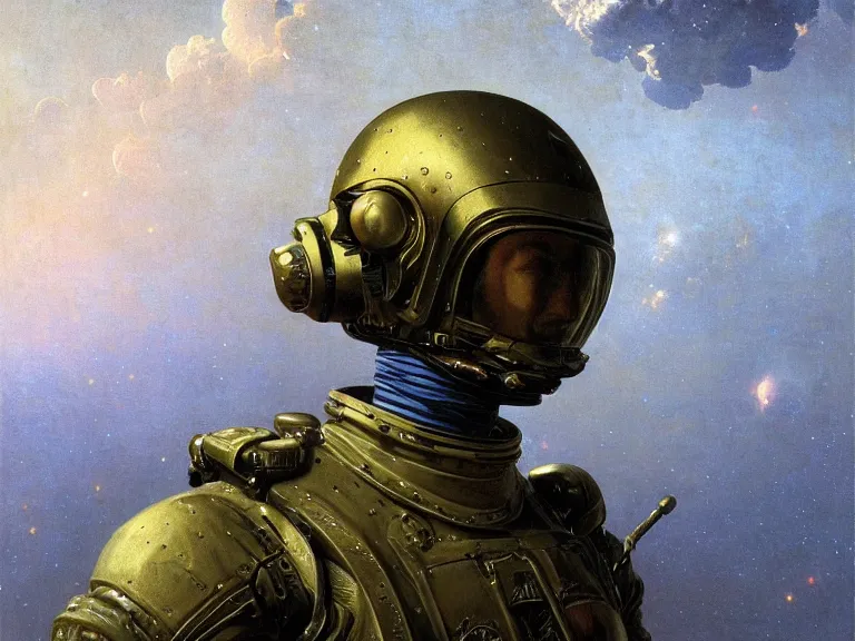 Prompt: a detailed profile oil painting of an advanced soldier in a spacesuit with reflective helmet, advanced technology flight suit, portrait symmetrical and science fiction theme with aurora lighting clouds and stars by beksinski carl spitzweg and tuomas korpi. baroque elements, full-length view. baroque element. intricate artwork by caravaggio. Trending on artstation. 8k