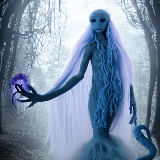 Prompt: ethereal spectral live action muppet ghost like figure with a very pronounced parasitic kraken head taking over its own with four long tentacles for arms that flow gracefully at its sides like a cloak, it has a mermaid like body with a snake tail instead of legs, it stalks around frozen forests searching for lost souls to consume, hides in the shadows of trees, this character uses hydrokinesis and electrokinesis, it is a real muppet by sesame street, photo realistic, real, realistic, felt, stopmotion, photography, sesame street, monsters inc pixar