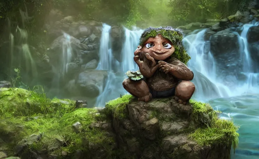 Prompt: a worn down troll made of stone with vegetation all over it relaxing in a stream of river next to a waterfall, a cute small robot on his shoulder sleeping, concept art, detailed, artstation, colourful lightning, sparkly water, peaceful, 4 k